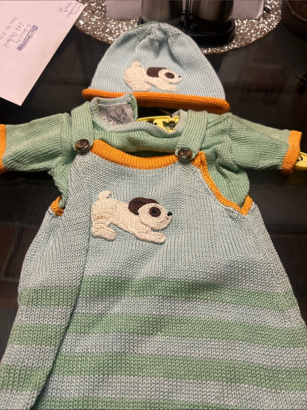 Knit Puppy Hat and Romper Set - Light Blue & Mint Green